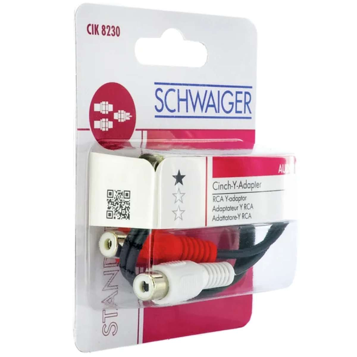 Schwaiger Cinch-Y-Adapter in Blisterverpackung mit roten, weißen und schwarzen Kabeln.