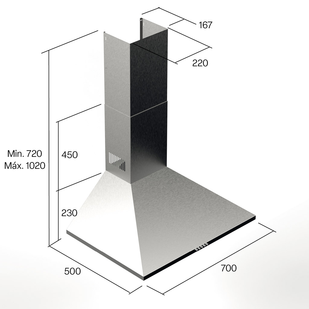 Disegno tecnico di una cappa da cucina con dimensioni in millimetri.