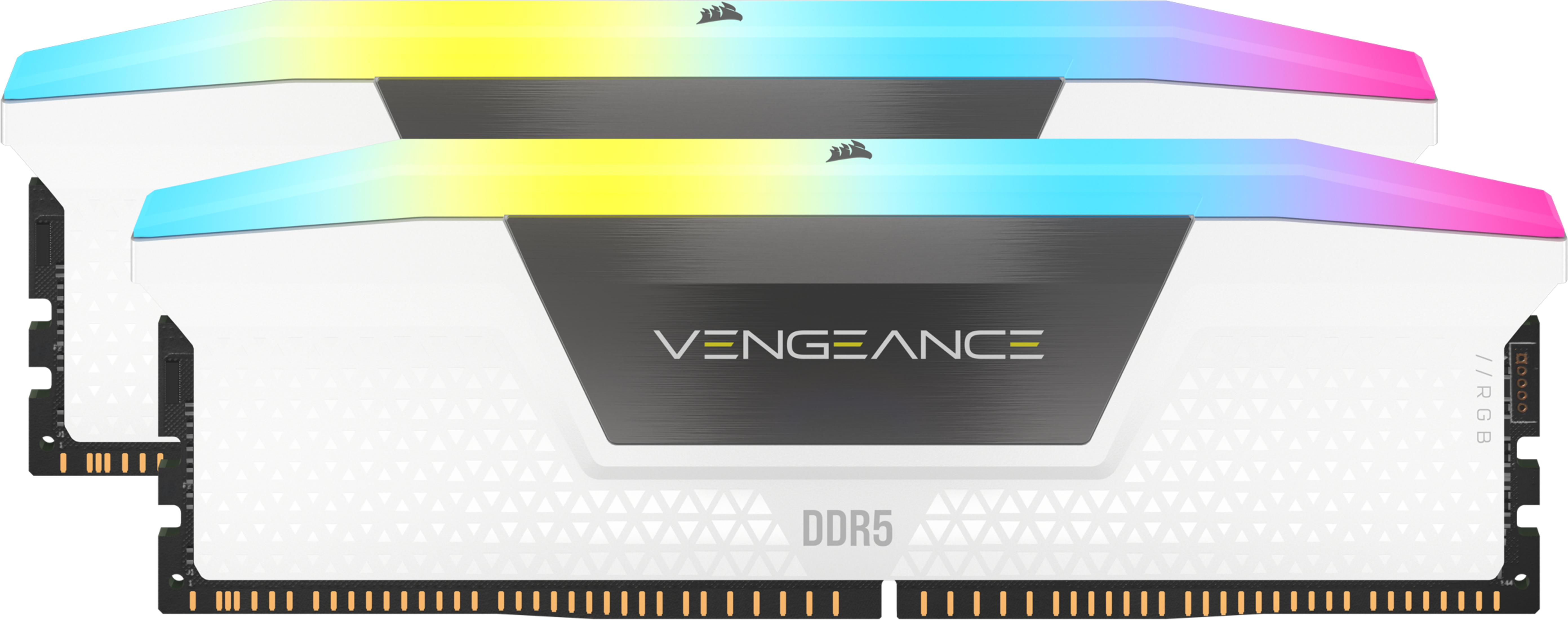 Zwei weiße DDR5-RAM-Riegel mit lebhafter RGB-Beleuchtung und Vengeance-Logo.