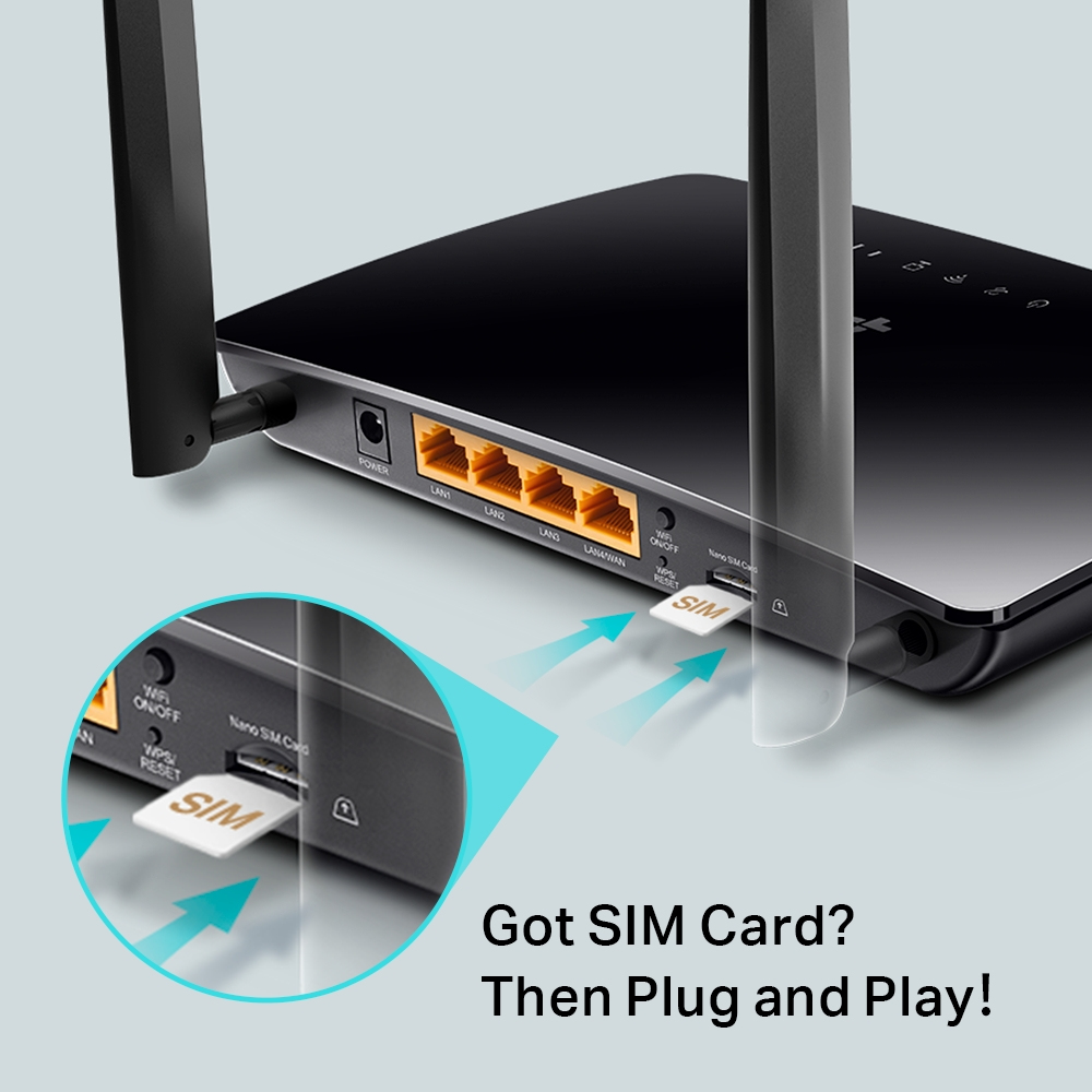 Czarny router Wi-Fi z dwiema antenami i powiększonym wnękiem pokazującym wkładanie karty SIM.