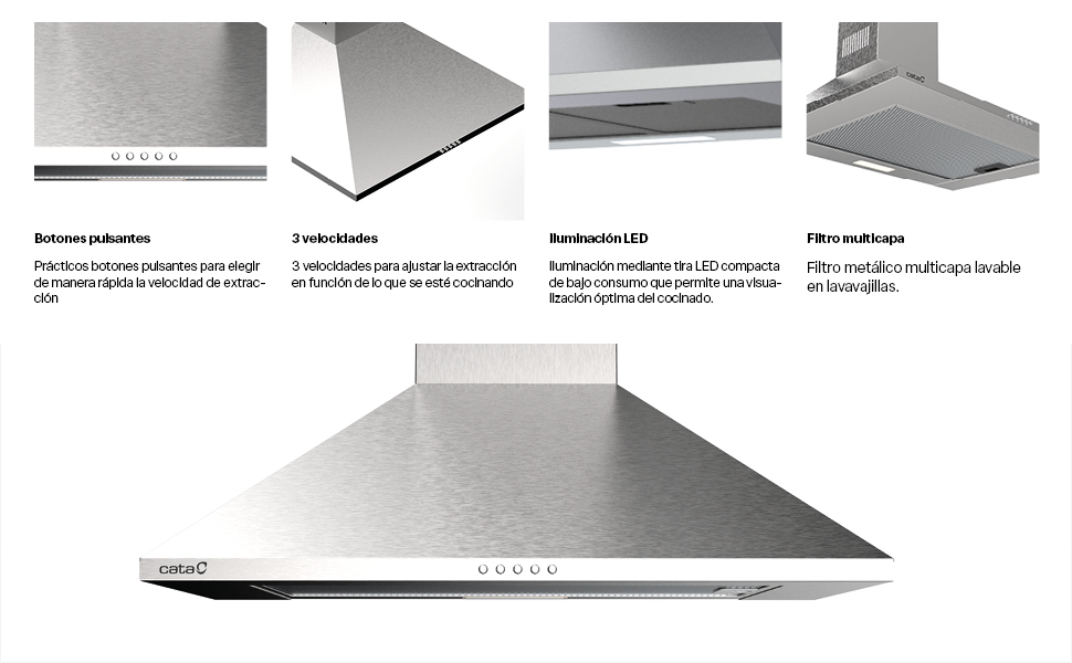 Cappa da cucina in acciaio inox con pulsanti, 3 velocità, illuminazione LED e filtri multistrato.