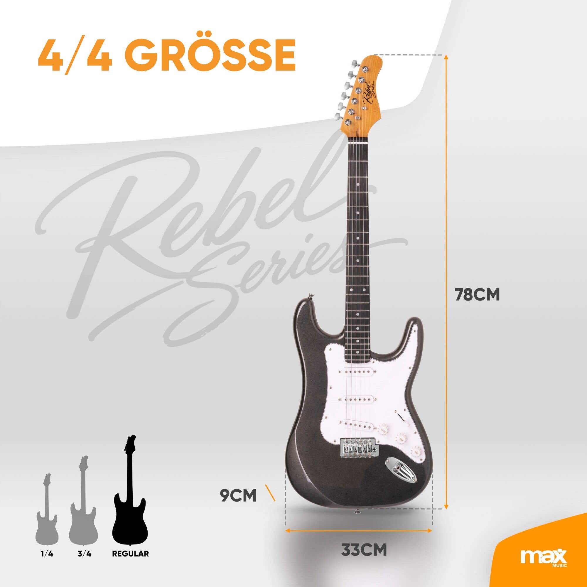 Eine schwarze 4/4 E-Gitarre mit Maßen: Höhe 78 cm, Tiefe 9 cm und Breite 33 cm vor grauem Hintergrund.