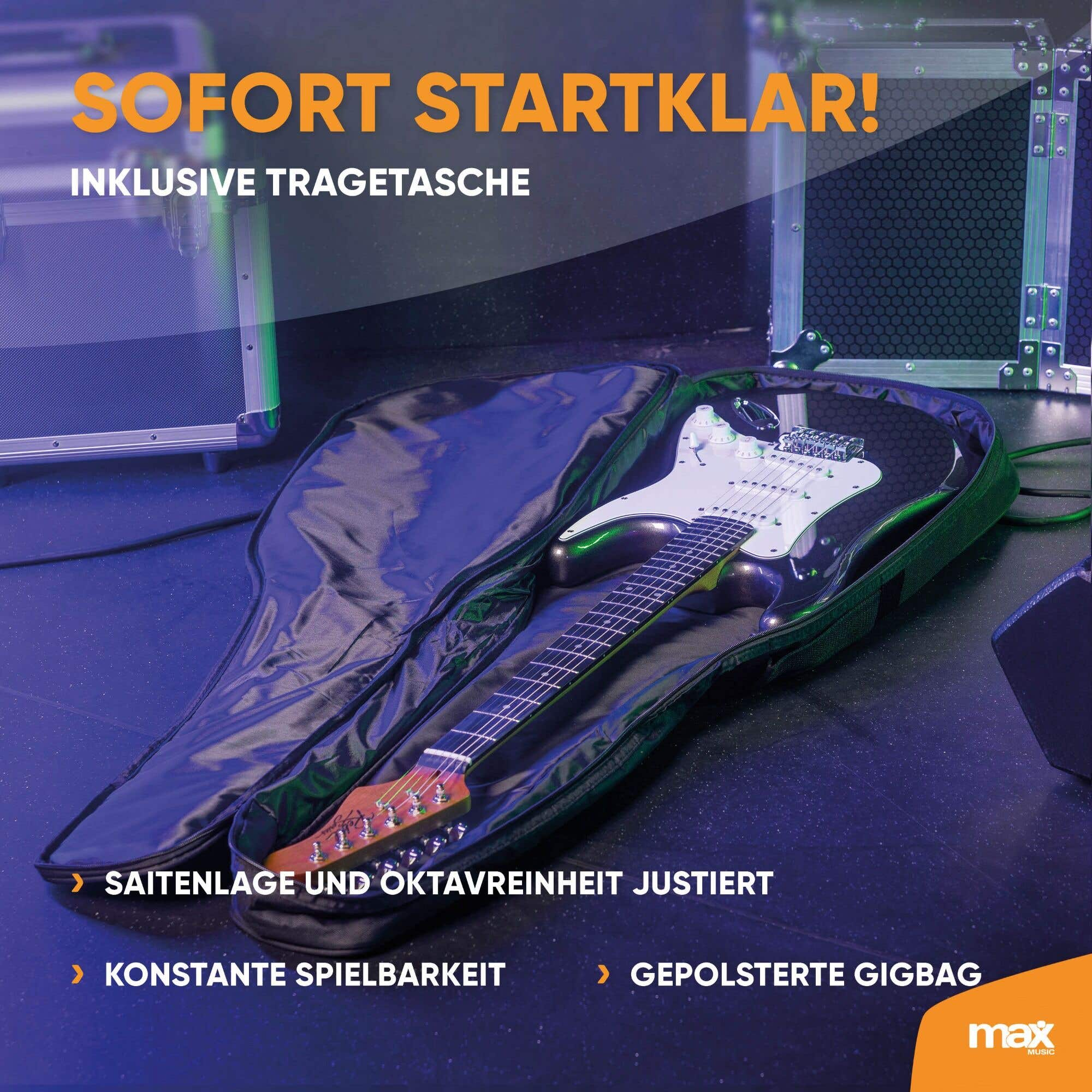 E-Gitarre in offenem Gigbag mit Texten und Flightcases im Hintergrund.
