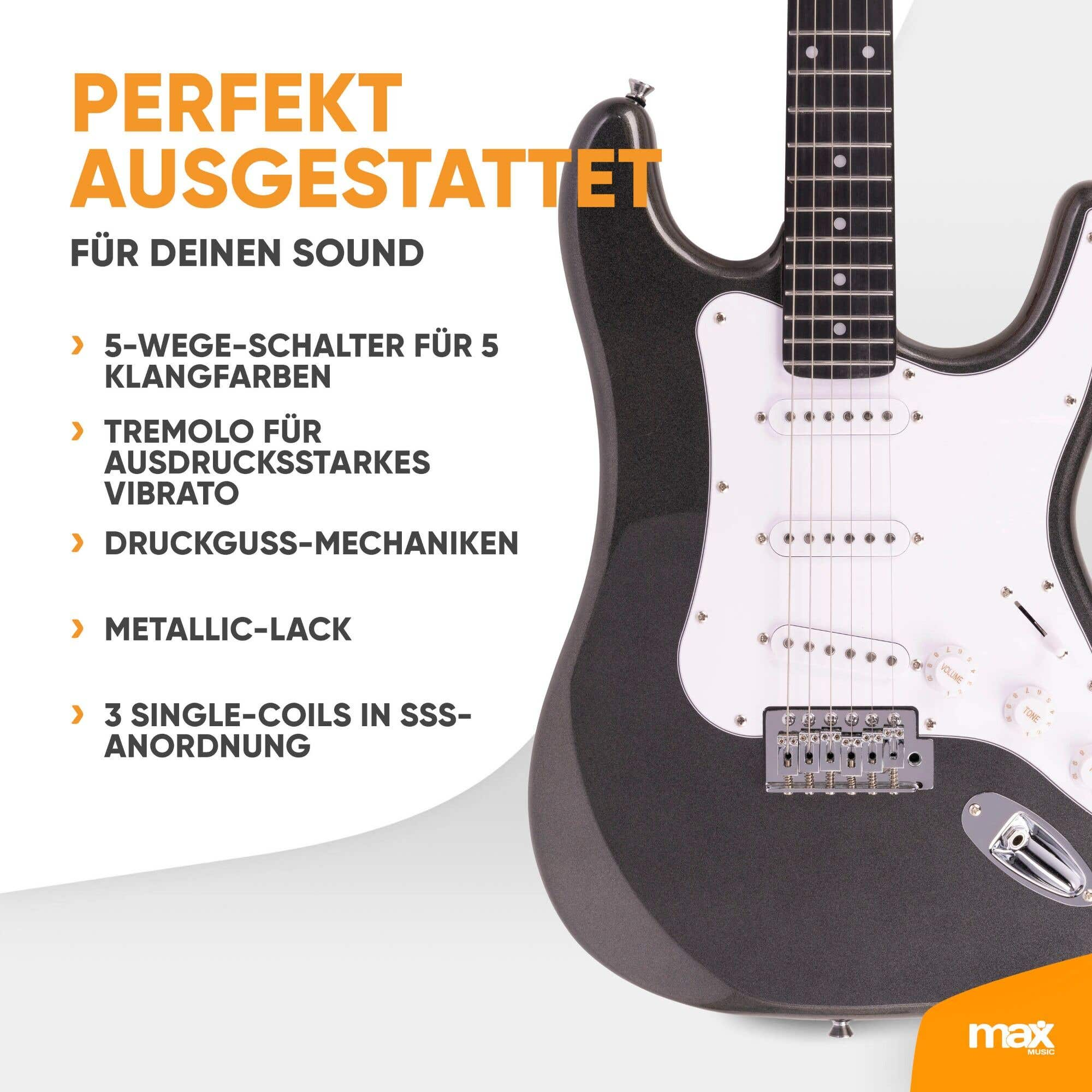 Schwarze E-Gitarre mit weißem Schlagbrett und Text über Funktionen auf der linken Seite.