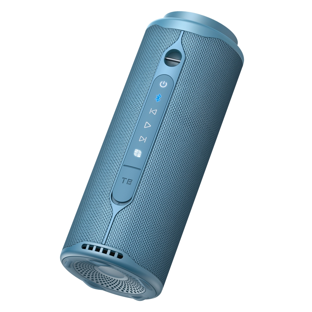 Ein blauer zylindrischer Bluetooth-Lautsprecher mit Stoffbezug und Steuerknöpfen.