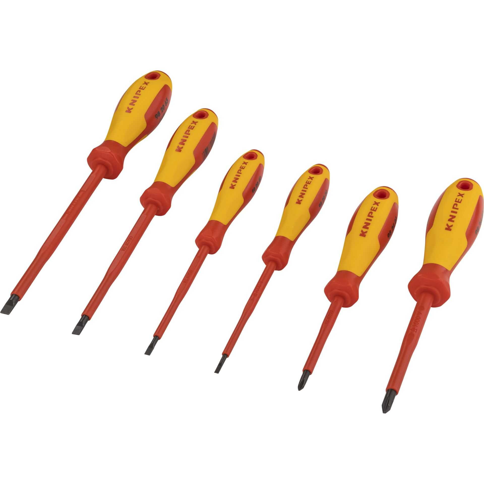 Sei cacciaviti isolati Knipex con manici gialli e rossi disposti in diagonale su sfondo bianco.