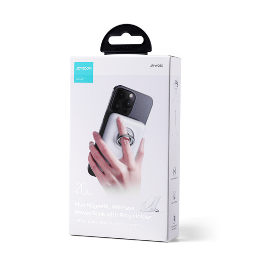 Weiße Produktverpackung einer Joyroom Mini-Powerbank mit Ringhalter, auf der ein Smartphone abgebildet ist.
