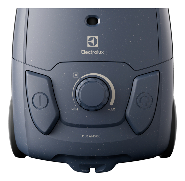 Zbliżenie niebieskiego odkurzacza Electrolux z przyciskami sterującymi i pokrętłem mocy.