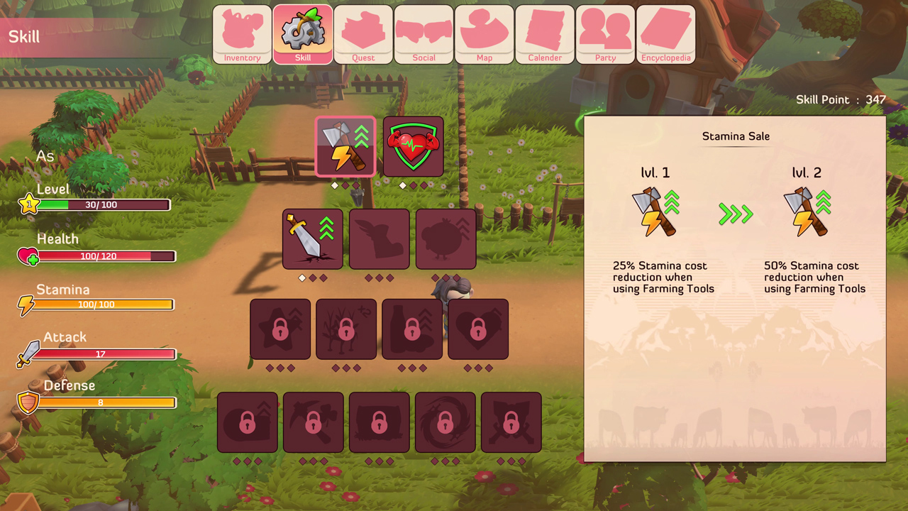 Ein Videospiel-Skill-Baum-Menü zeigt verschiedene Fähigkeiten, Symbole und Statistiken in einer grünen Landschaft.