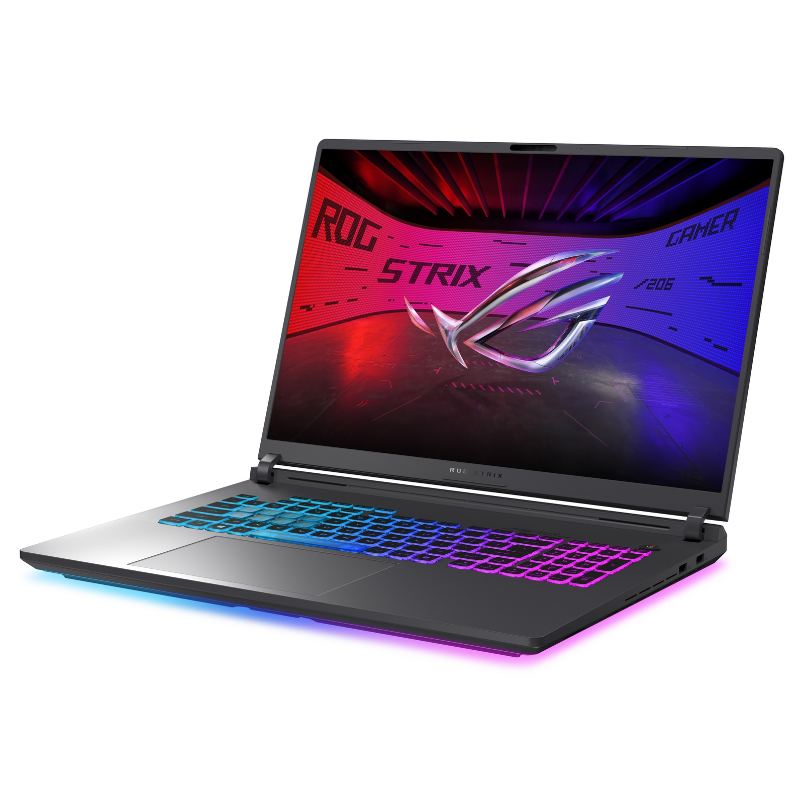 Un laptop da gioco ASUS ROG Strix con tastiera retroilluminata blu e rosa e uno sfondo ROG sullo schermo.