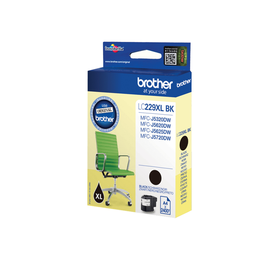 Brother LC229XL BK schwarze Tintenpatrone Verpackung mit grünem Stuhl.