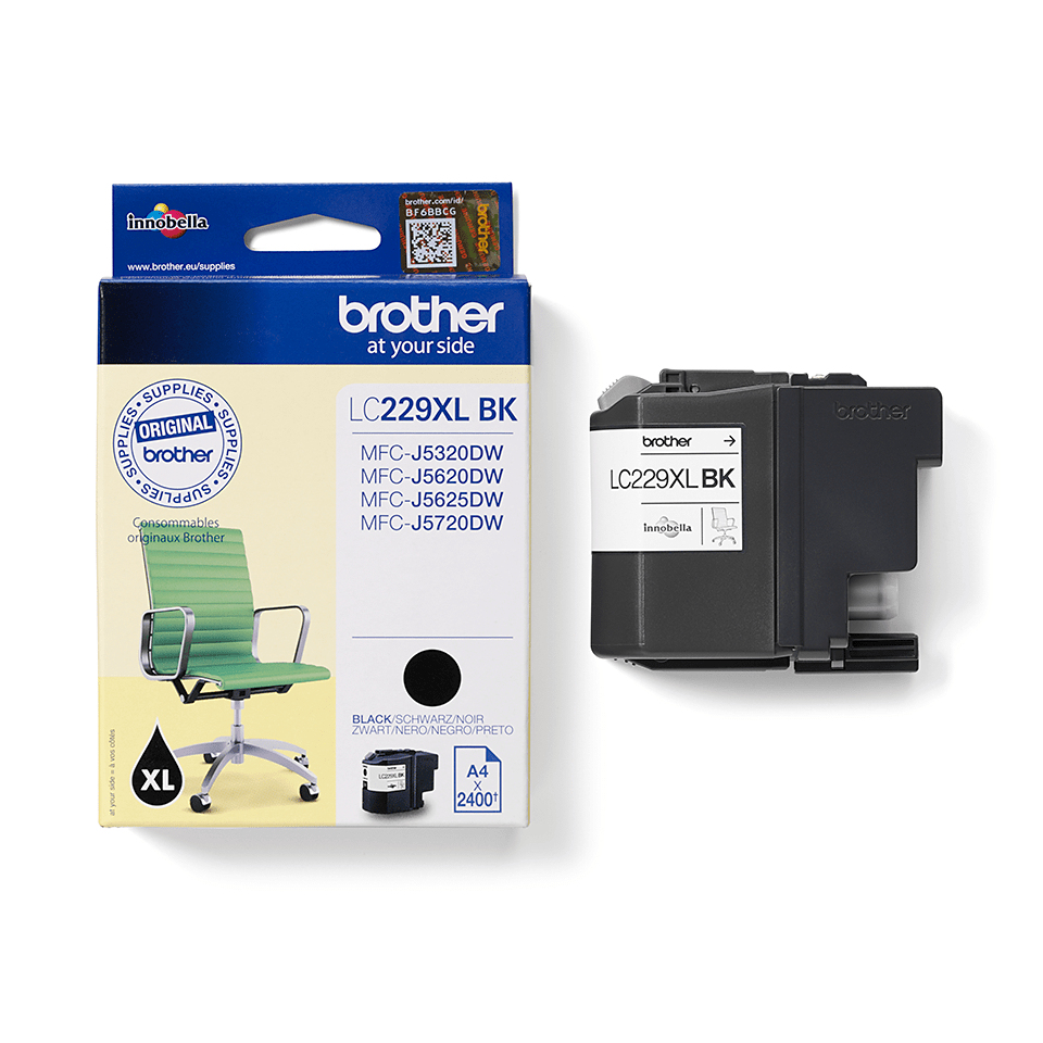Brother LC229XL BK Tintenpatrone mit Originalverpackung auf weißem Hintergrund.