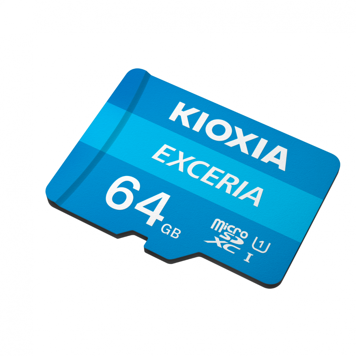 Beyaz arka planda mavi Kioxia Exceria 64GB MicroSDXC hafıza kartı.