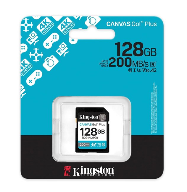 Mavi perakende ambalajında Kingston 128GB Canvas Go! Plus SD kart.