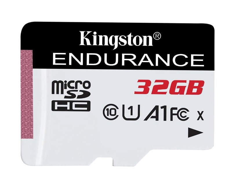 Siyah, beyaz ve kırmızı yazılı bir Kingston Endurance 32GB microSDHC hafıza kartı.