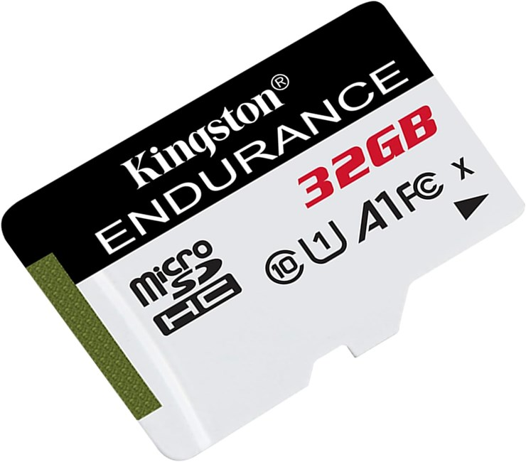 Beyaz arka plan üzerinde siyah, kırmızı ve beyaz yazılı bir Kingston Endurance 32GB microSDHC hafıza kartı.