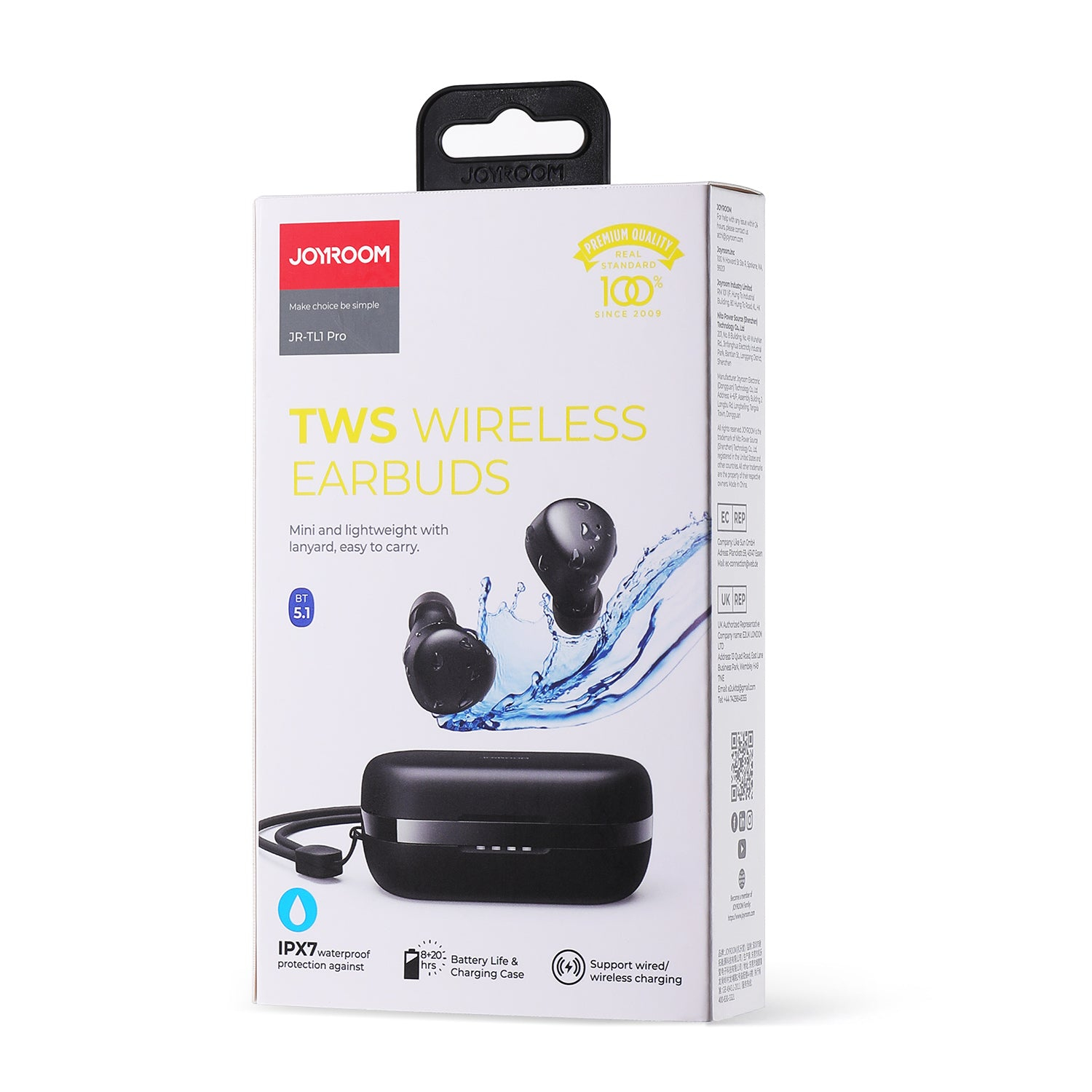 Produktverpackung von JOYROOM TWS kabellosen Ohrhörern mit Ladecase und Wassertropfen.