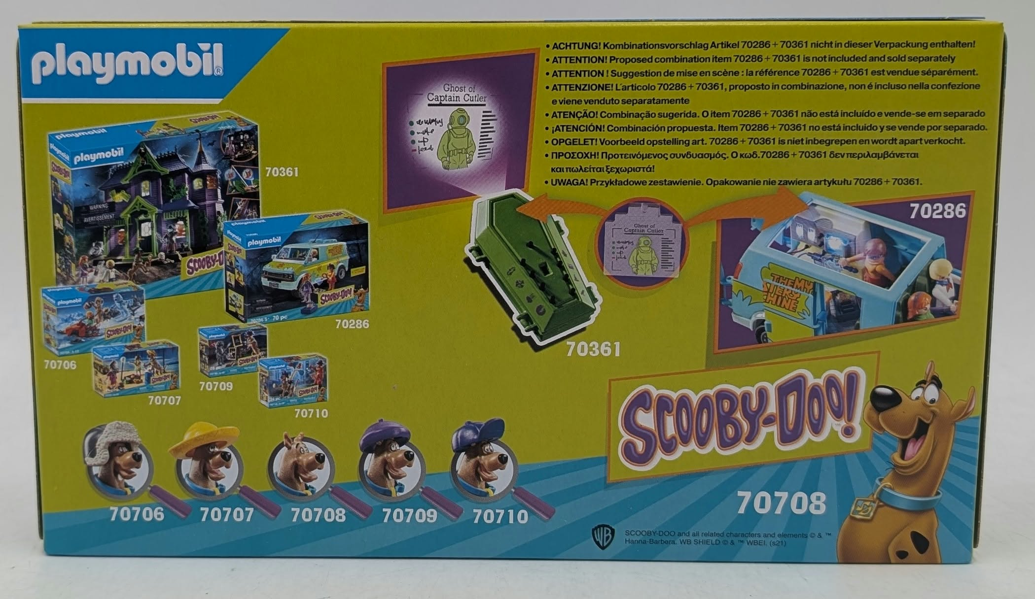 Parte trasera de una caja de Playmobil Scooby-Doo con varias imágenes.