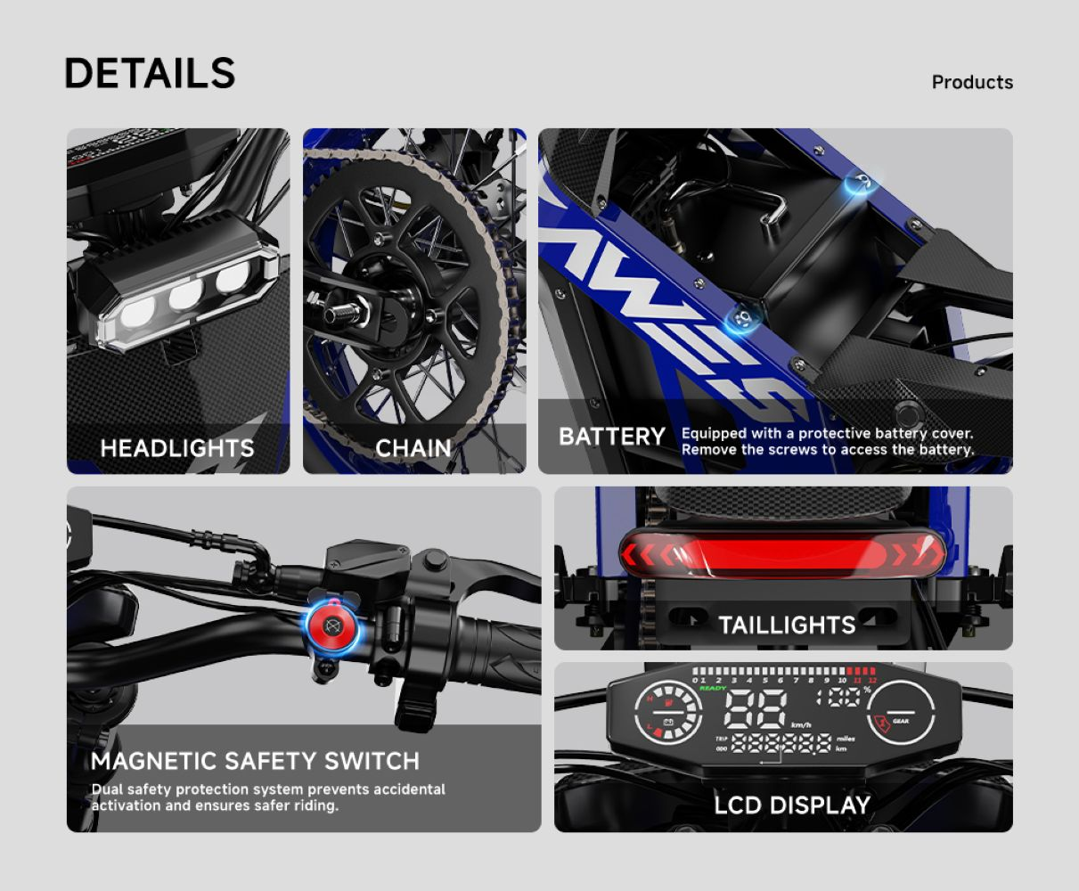 Detalles de primer plano de una bicicleta eléctrica que muestra faros, cadena, batería, interruptor magnético y pantalla.