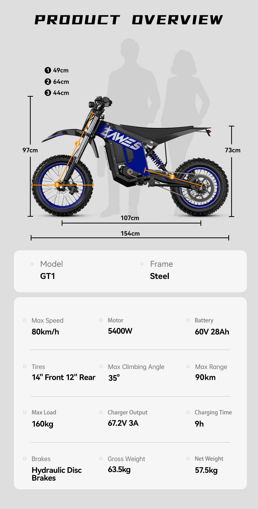 Resumen del producto de una moto de cross eléctrica azul con dimensiones y especificaciones técnicas.