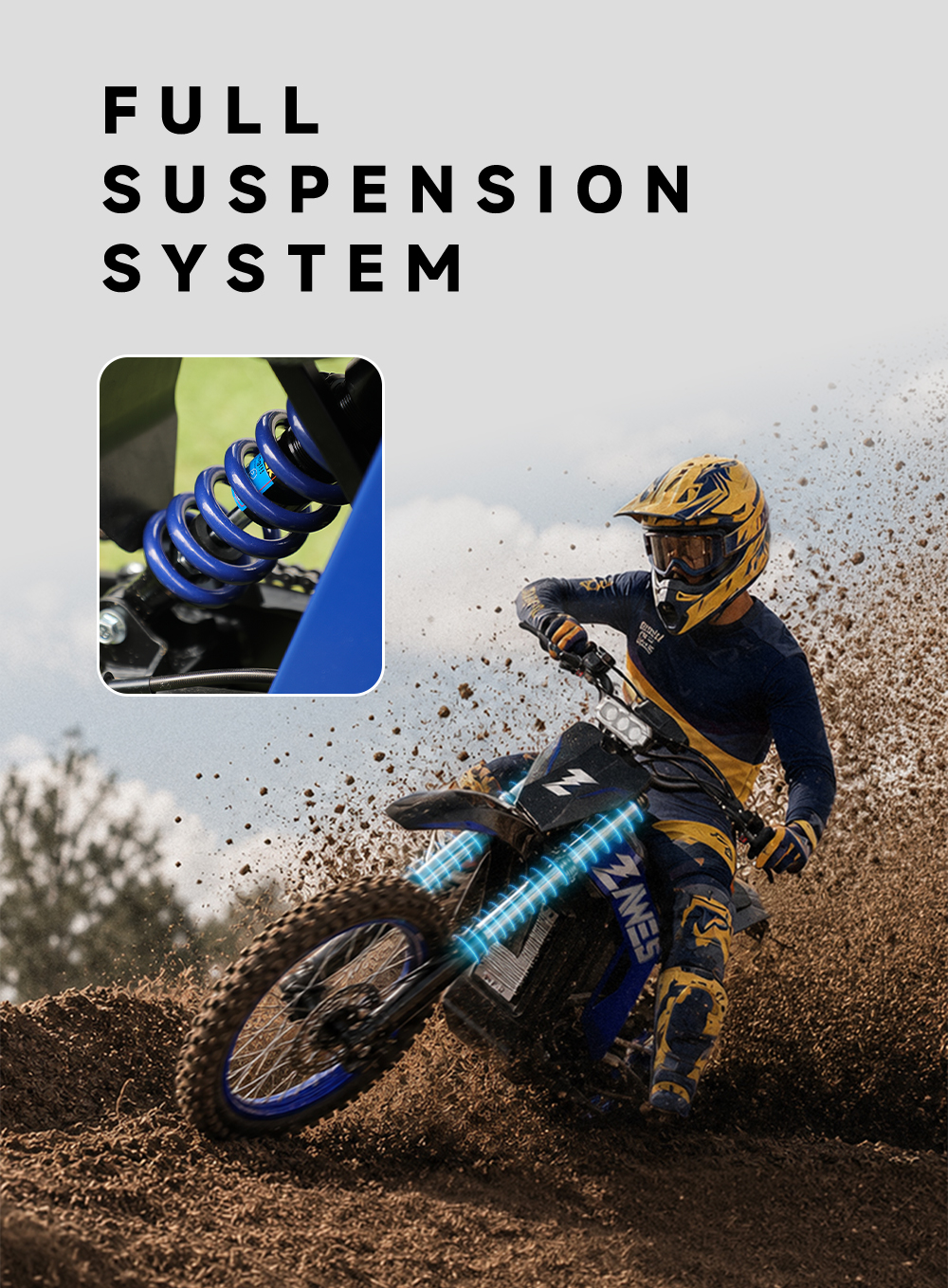 Un piloto de motocross en pista de tierra, con sistema de suspensión azul resaltado y vista en detalle.