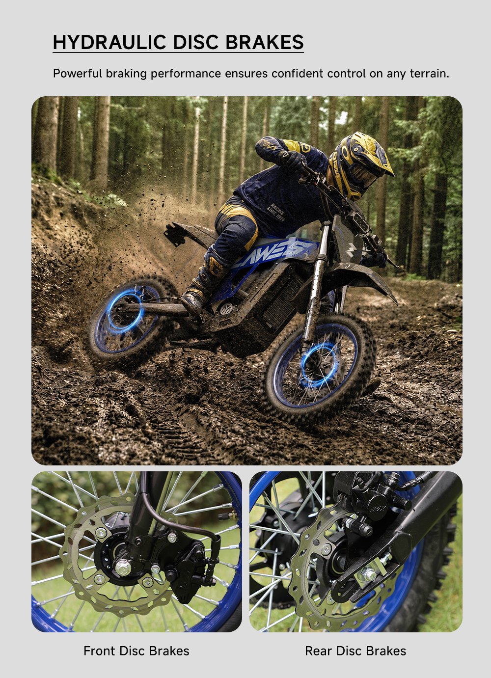 Una moto de cross en un bosque, destacando los frenos de disco hidráulicos delanteros y traseros.