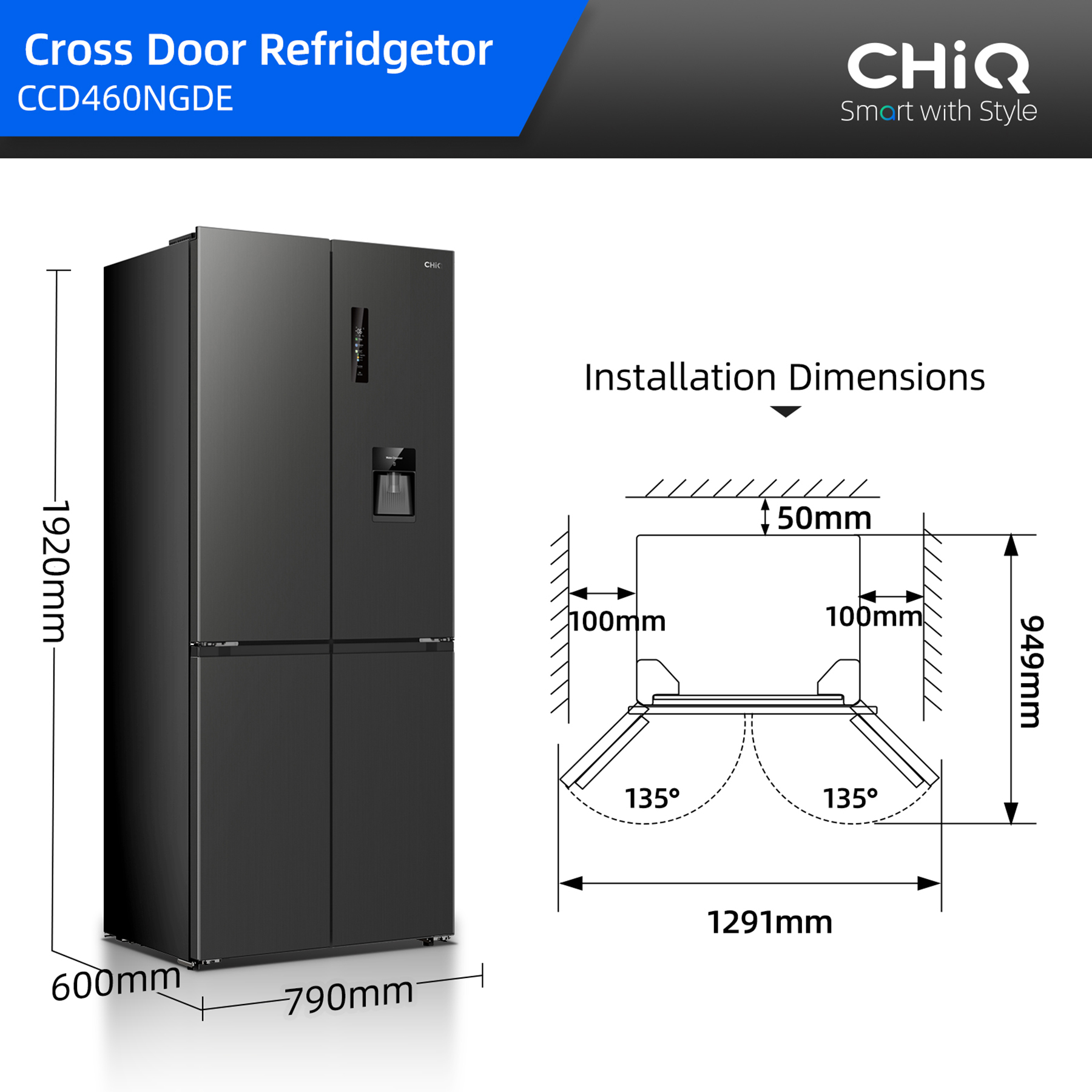 Schema che mostra le dimensioni di installazione del frigorifero nero CHiQ CCD460NGDE.