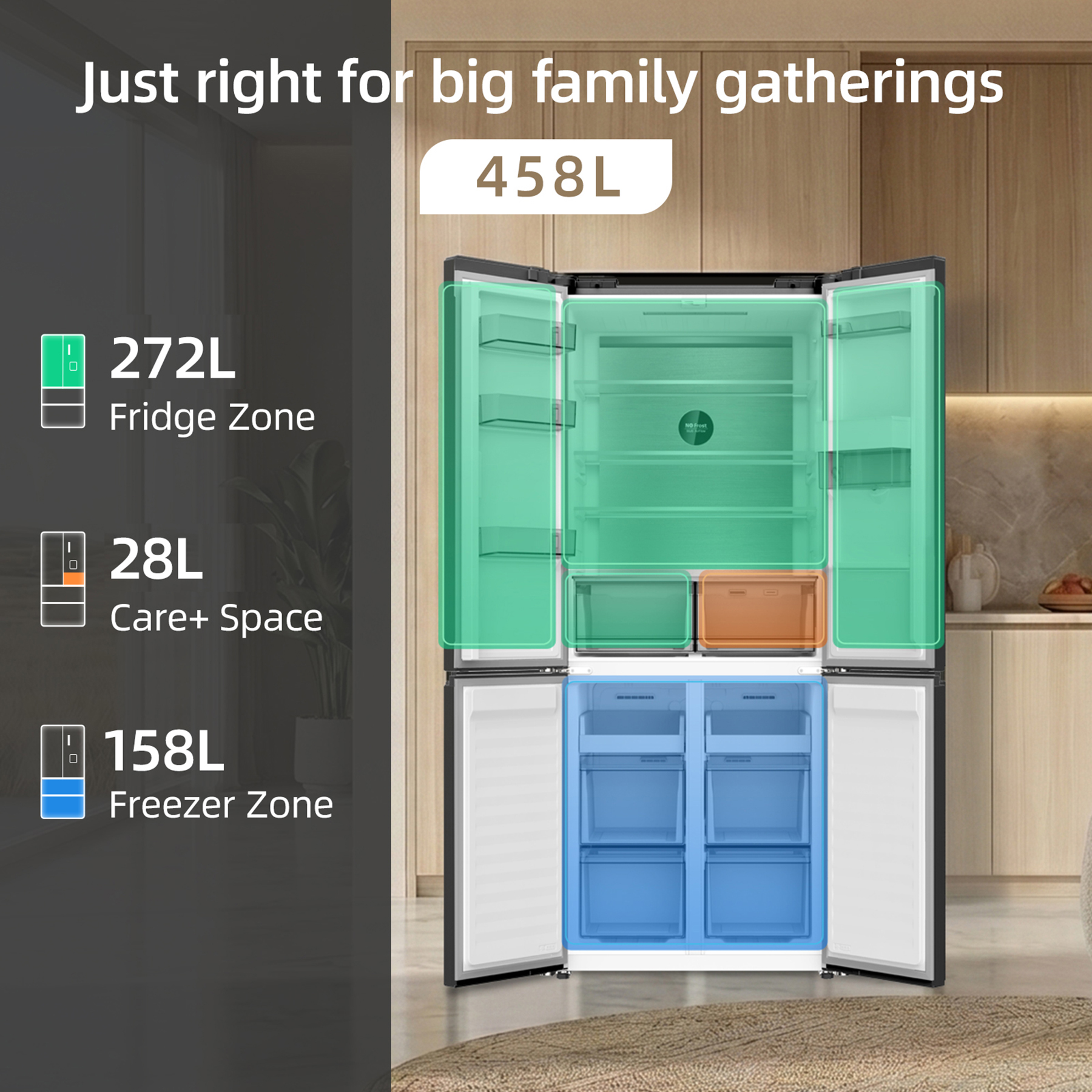 Frigorifero aperto da 458L con zone evidenziate: 272L frigo, 28L Care+ e 158L freezer.