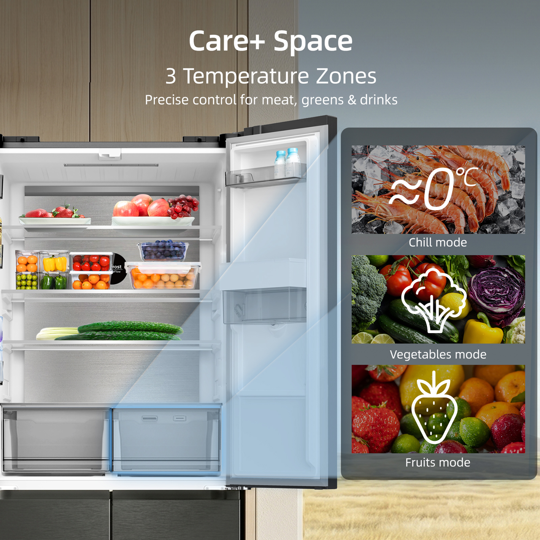 Interno del frigorifero con tre zone di temperatura mostrate con icone per modalità freddo, verdure e frutta.