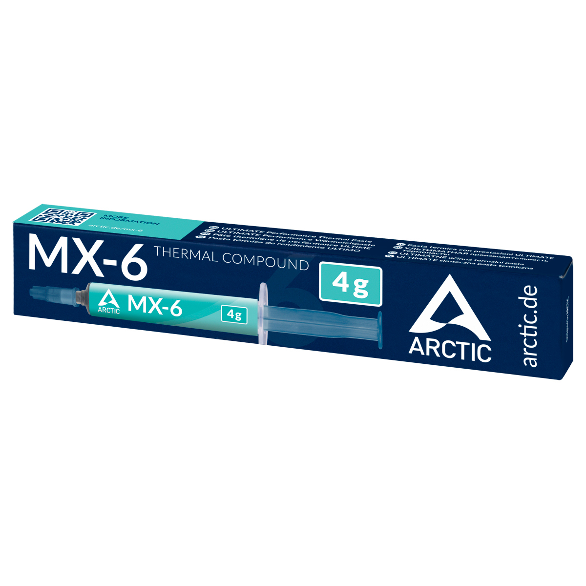 Beyaz arka planda şırınga ve 4g etiketi bulunan mavi Arctic MX-6 termal macun ambalajı.