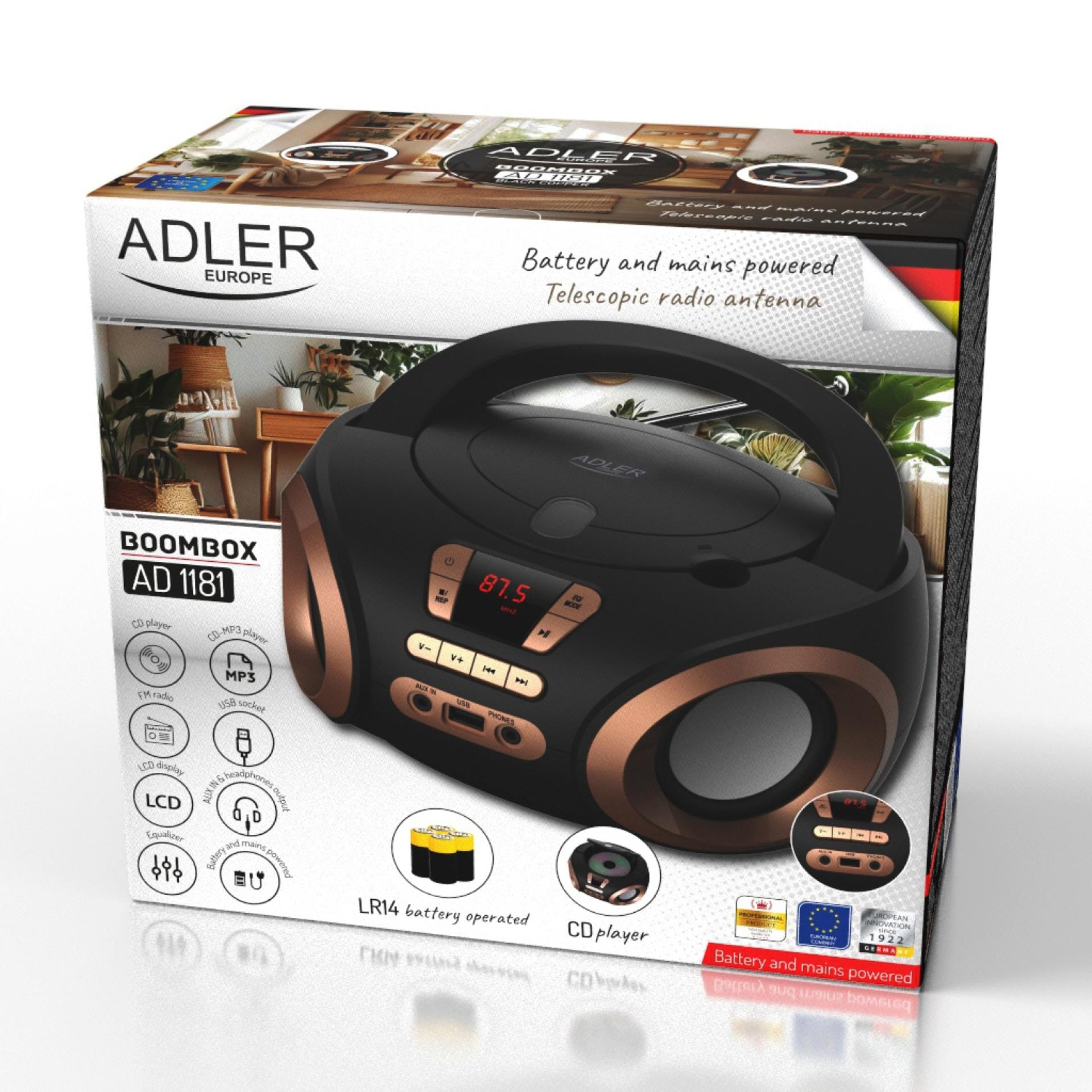 Opakowanie boomboxa Adler Europe AD 1181 przedstawiające czarno-miedziane radio z odtwarzaczem CD.