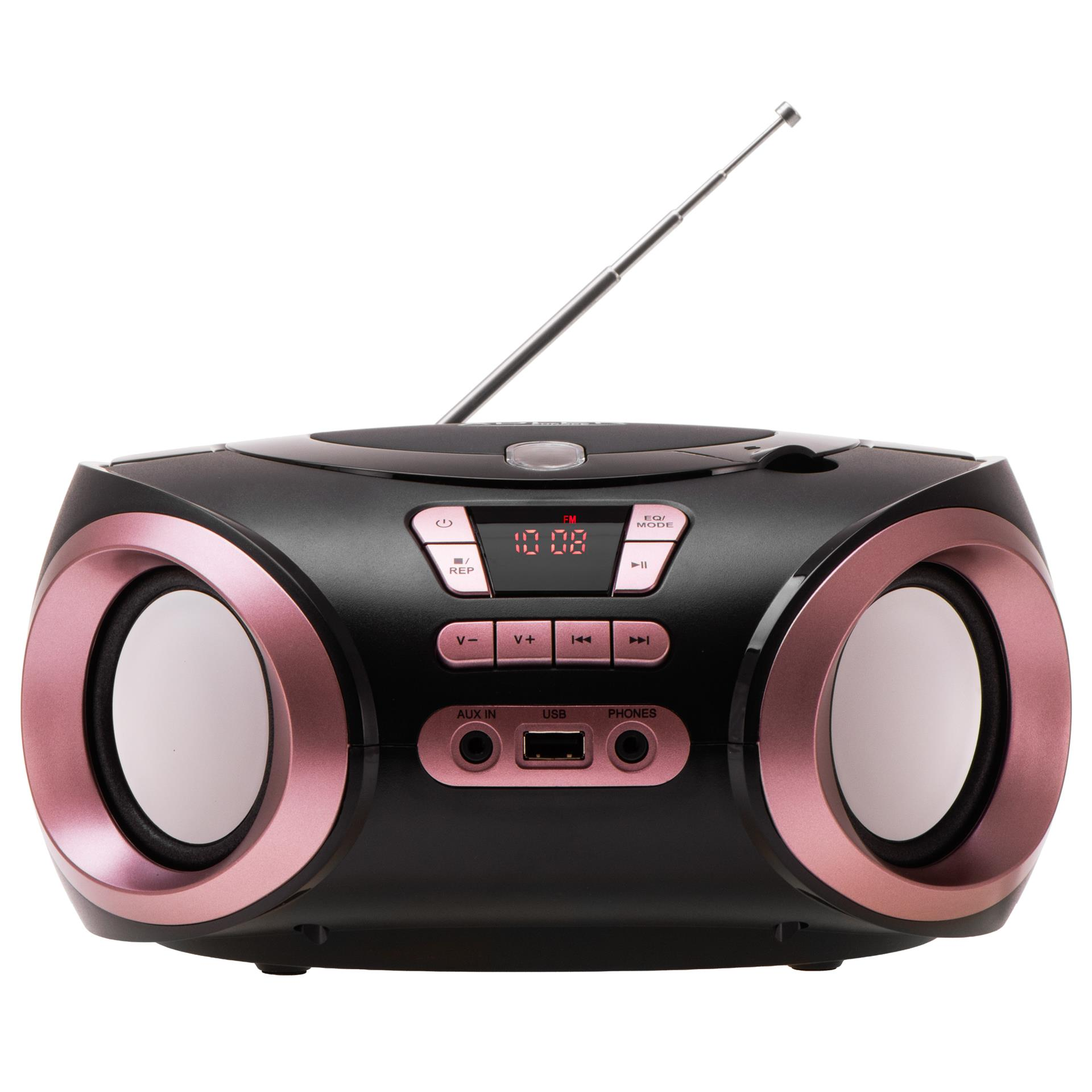 Czarny boombox z różowymi akcentami i wysuniętą anteną na białym tle.