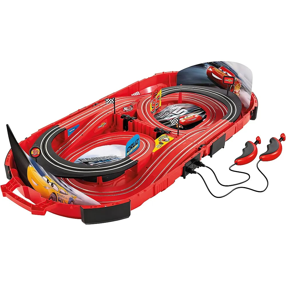 Rotes Cars-Rennbahnen-Set mit zwei Controllern und abgebildeten Charakteren.
