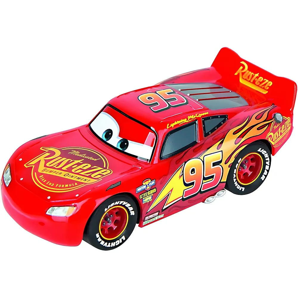 Rotes Spielzeugauto Lightning McQueen aus Cars mit Nummer 95, gelben Flammen und Rust-eze-Logo.