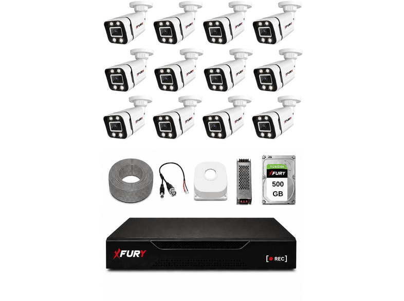 FURY 12 Kameralı 4 Warm LED Gece Renkli Görüş 500 GB HDD 5580 Güvenlik Kamera Seti Beyaz