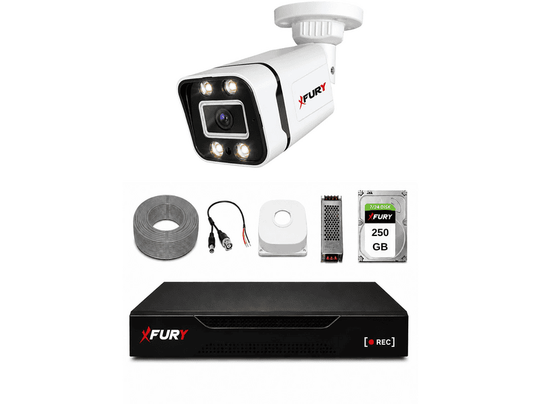 FURY 1 Kameralı 4 Warm LED Gece Renkli Görüş 250GB HDD 5580 Güvenlik Kamera Seti Beyaz
