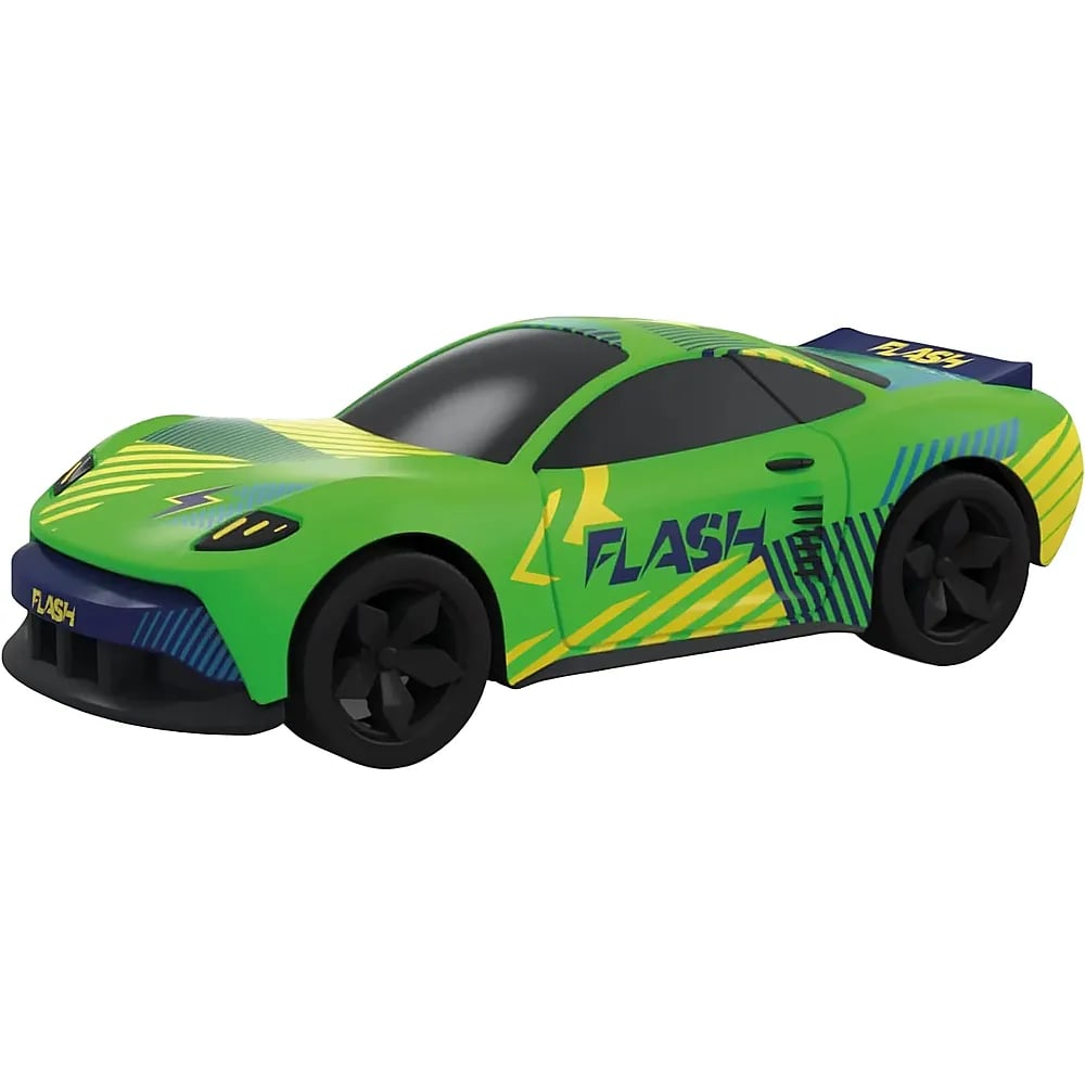 Ein grünes Spielzeugauto mit Aufschriften wie FLASH, gelben Streifen, dunklen Fenstern und schwarzen Rädern auf weißem Grund.