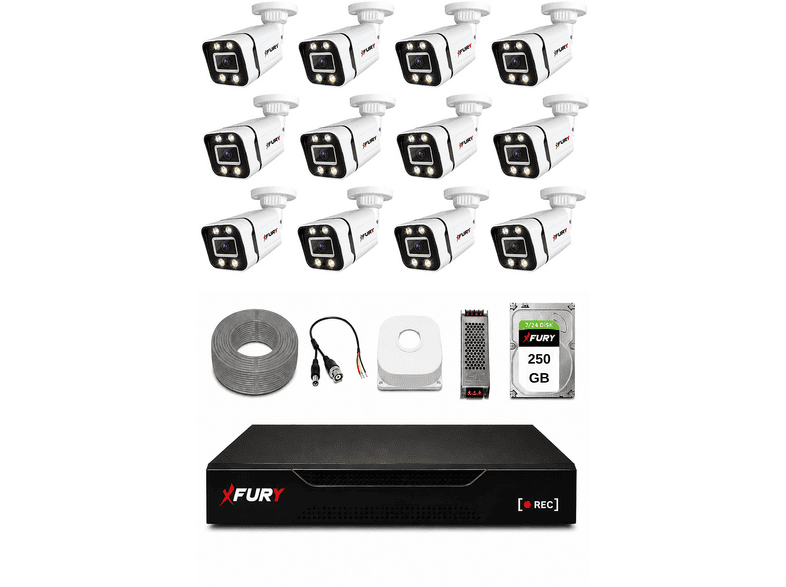 FURY 12 Kameralı 4 Warm LED Gece Renkli Görüş 250 GB HDD 5580 Güvenlik Kamera Seti Beyaz