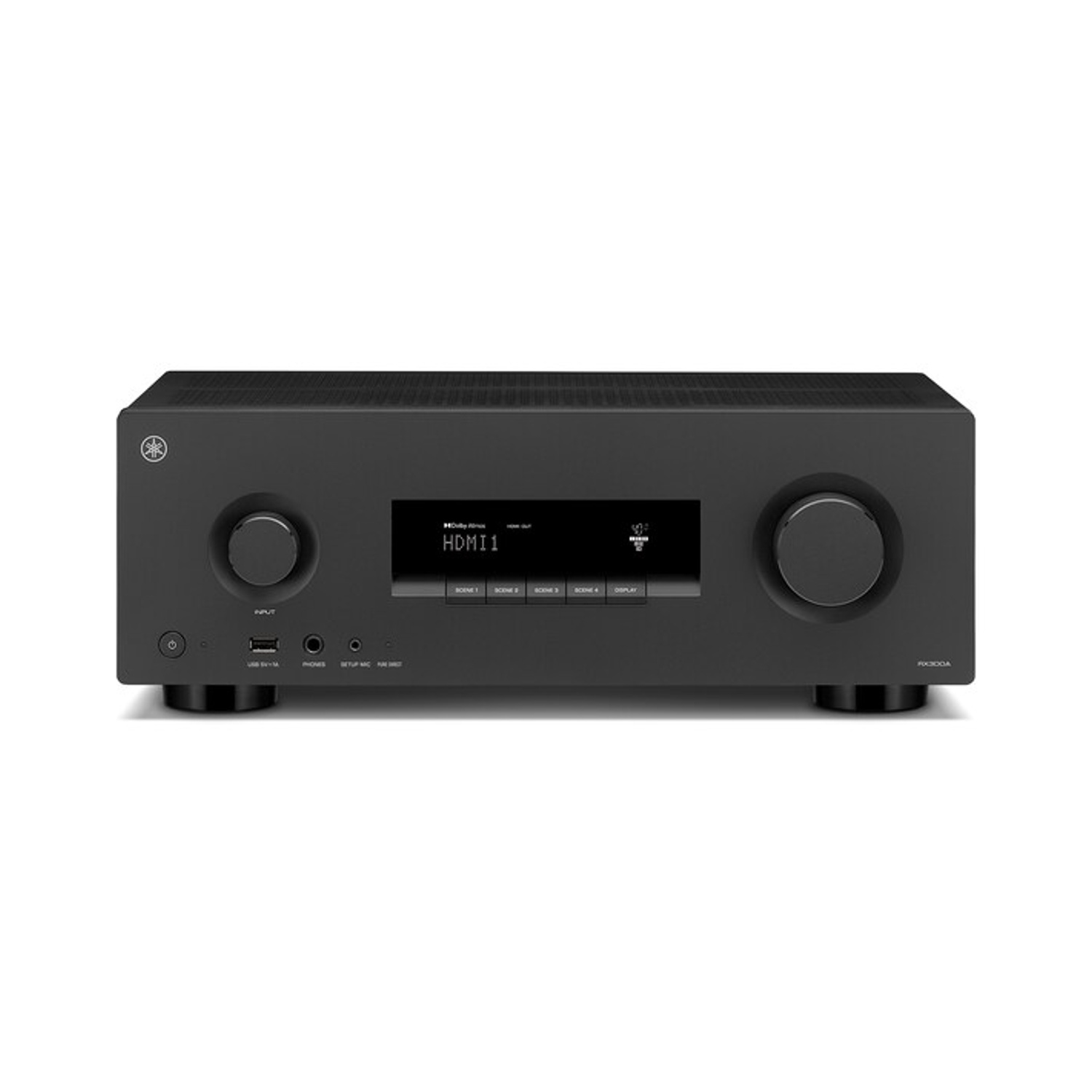 Ein schwarzer Yamaha AV-Receiver hat ein zentrales Display, zwei Regler, Tasten und Anschlüsse vor weißem Hintergrund.