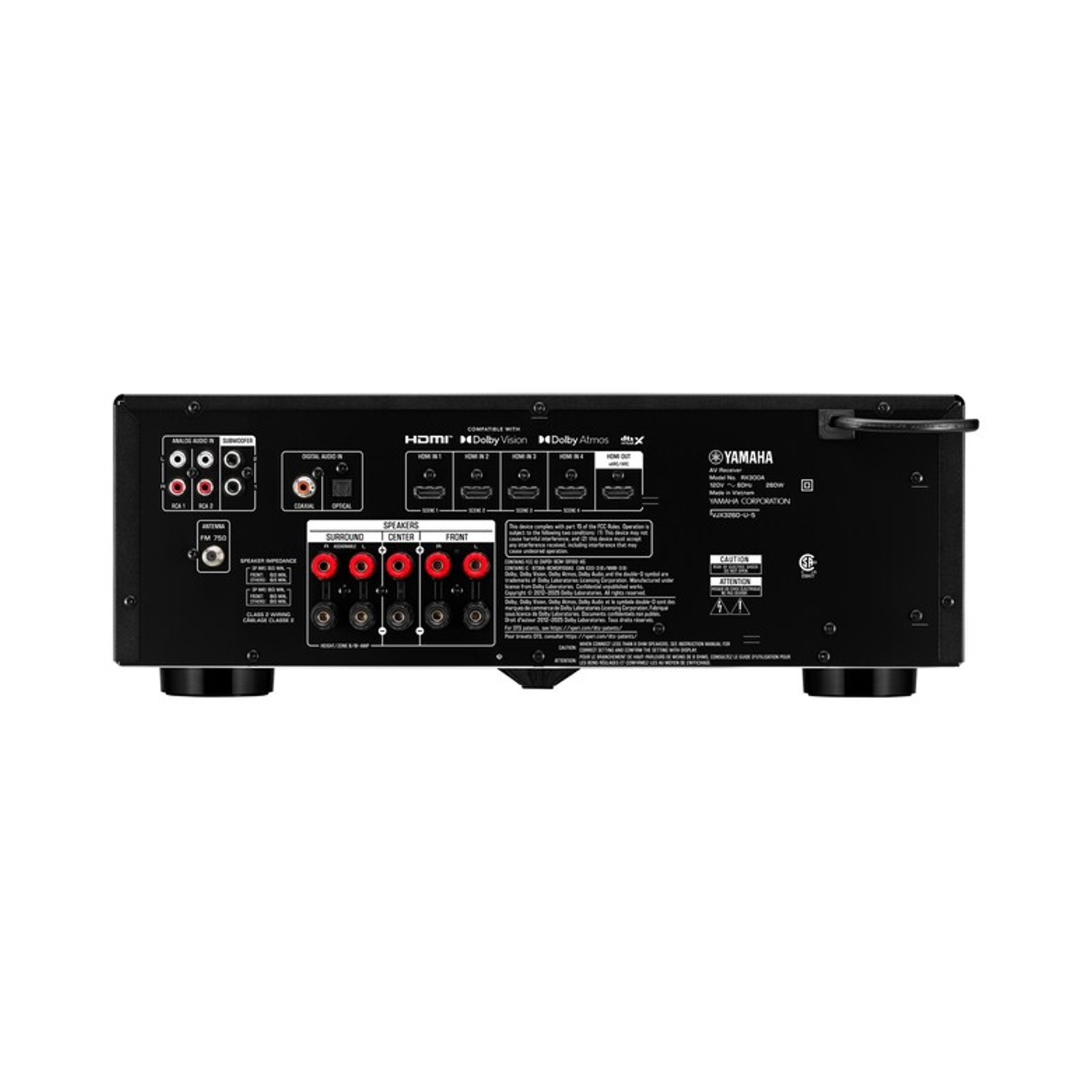 Rückseite eines Yamaha AV-Receivers mit verschiedenen Anschlüssen wie HDMI, Audio-In und Lautsprecherklemmen.