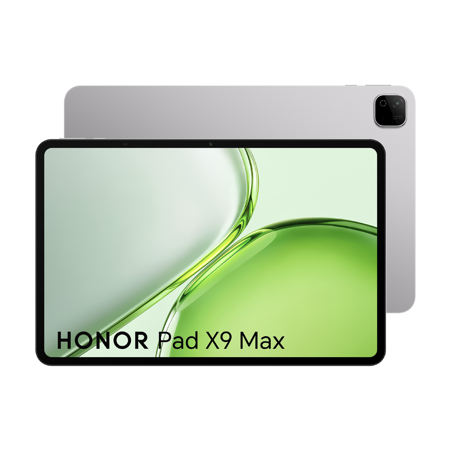 Honor Pad X9 Max Tablet mit grünem Bildschirm und silberner Rückseite.
