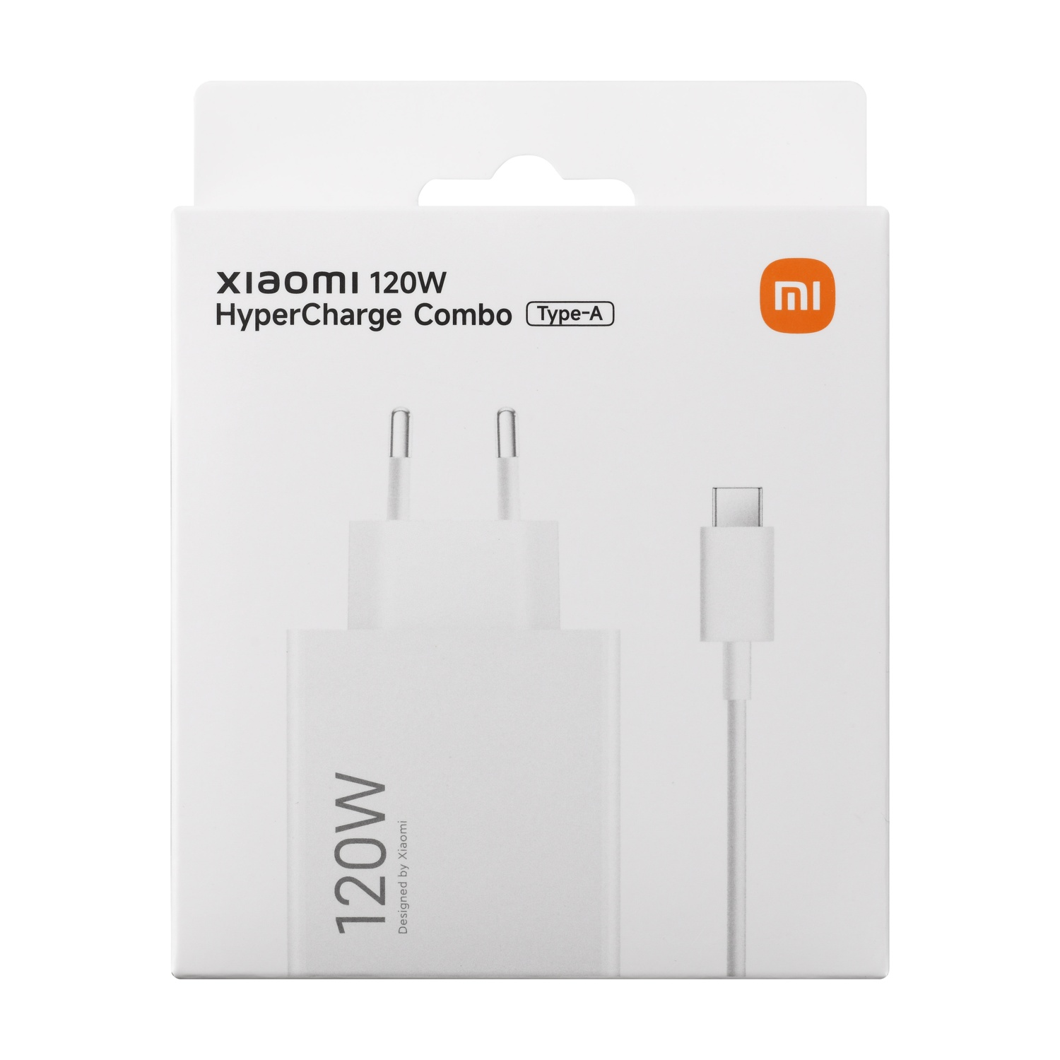 Weiße Produktverpackung für Xiaomi 120W HyperCharge Combo mit Ladeadapter und Kabel.