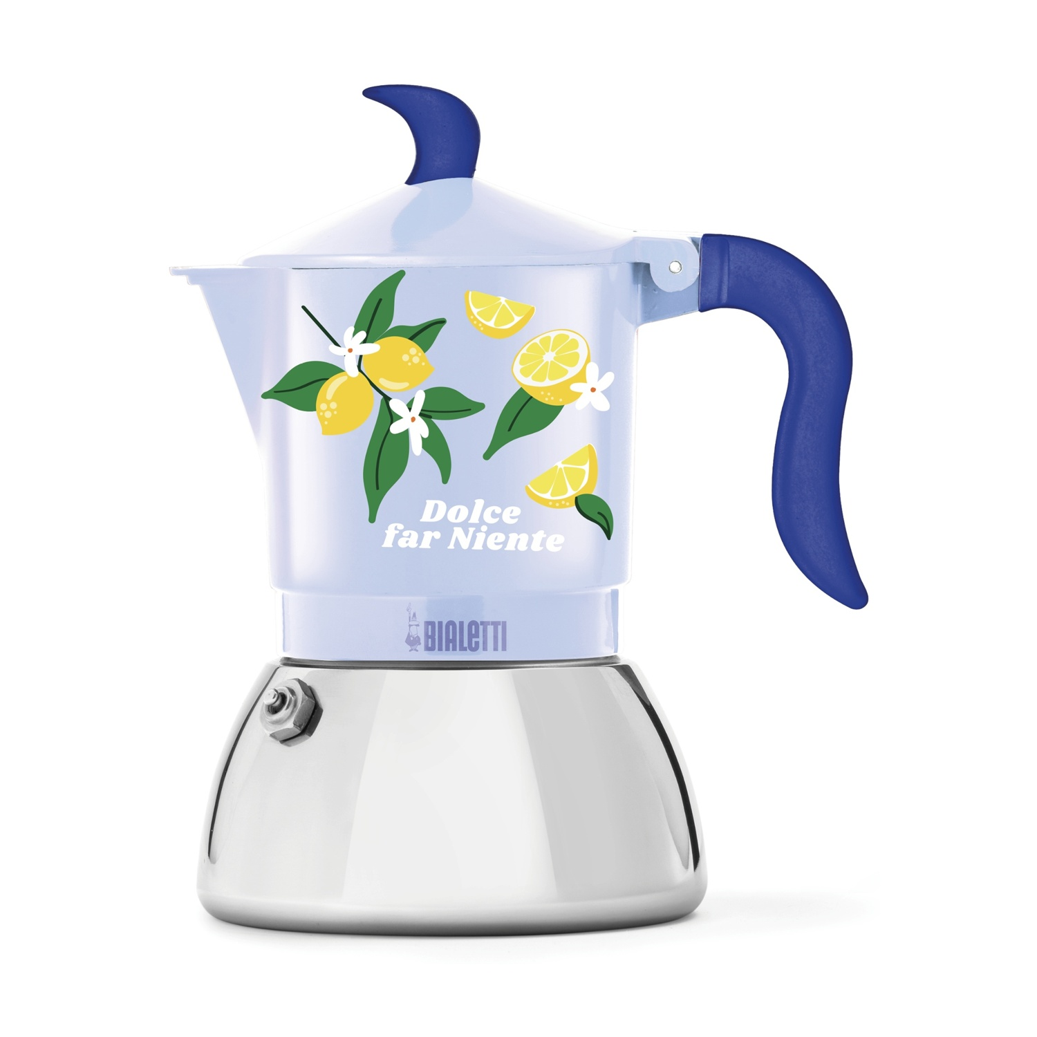 Cafetière moka bleue avec motif de citron et texte Dolce far Niente sur base argentée.