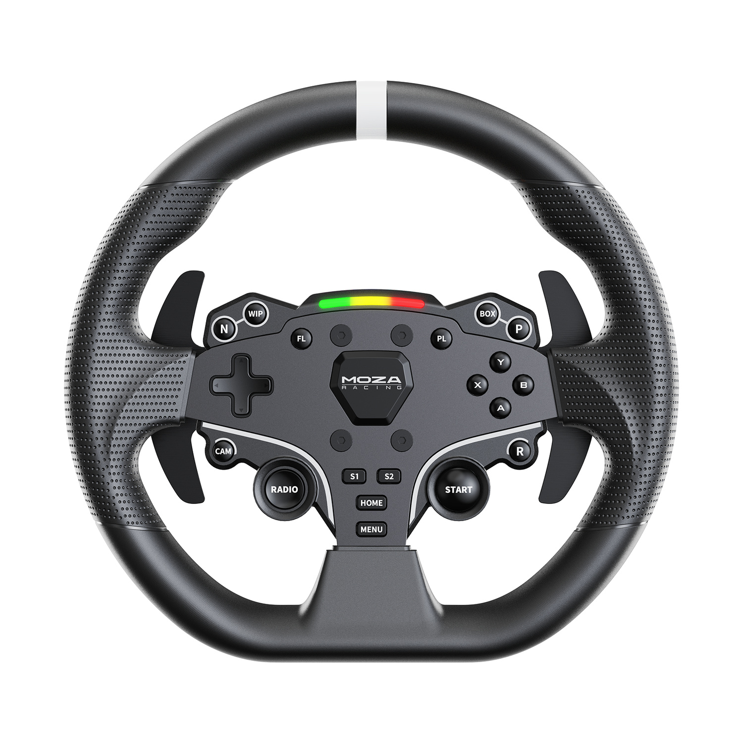 Schwarzes Moza Racing Lenkrad mit zahlreichen Knöpfen, Paddles und einer LED-Anzeige oben.