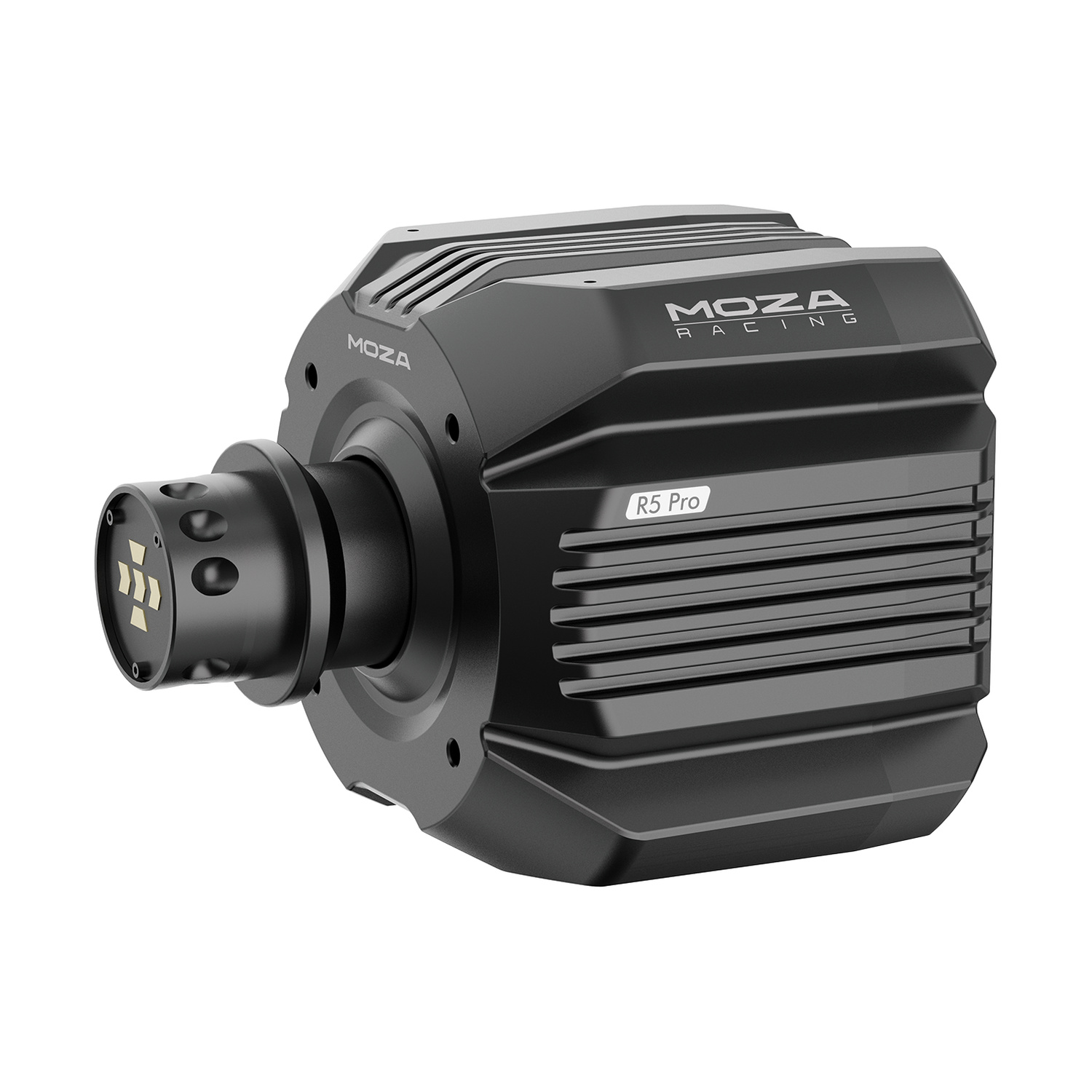 Eine schwarze Moza R5 Pro Direct-Drive-Rennlenkradbasis vor weißem Hintergrund.