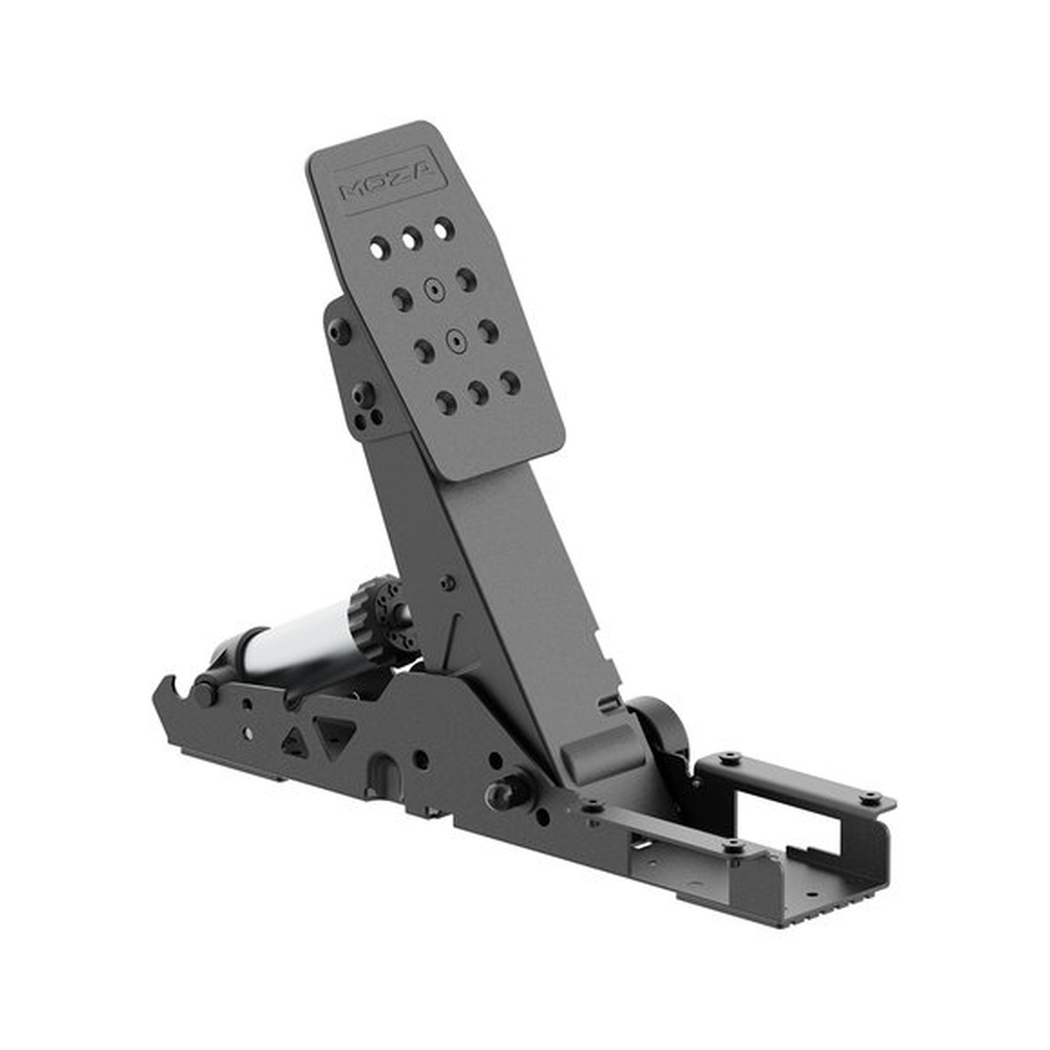 Schwarzes Rennsimulator-Pedal aus Metall mit einem Zylinder auf weißem Hintergrund.