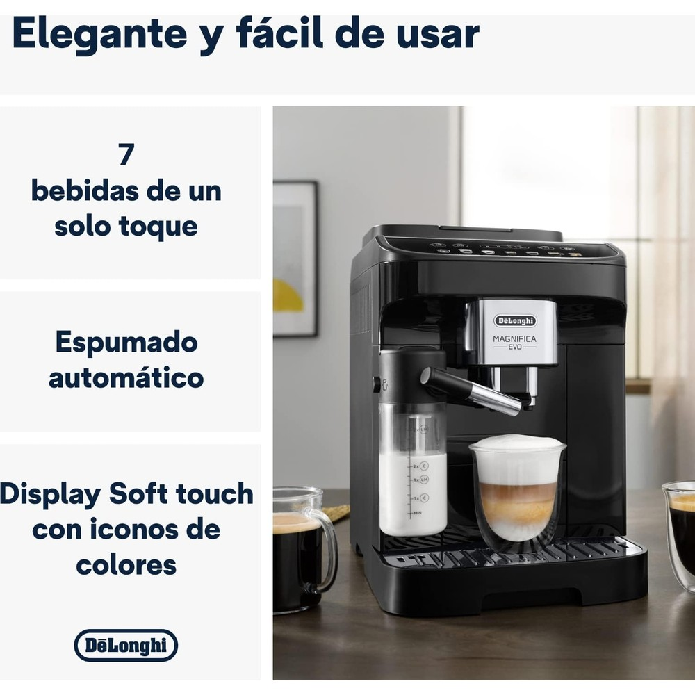 Macchina da caffè nera DeLonghi su tavolo in legno con cappuccino e testo descrittivo.