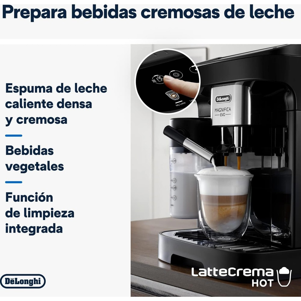 Una macchina da caffè De'Longhi nera versa latte e caffè in un bicchiere, con testo promozionale in spagnolo a sinistra.