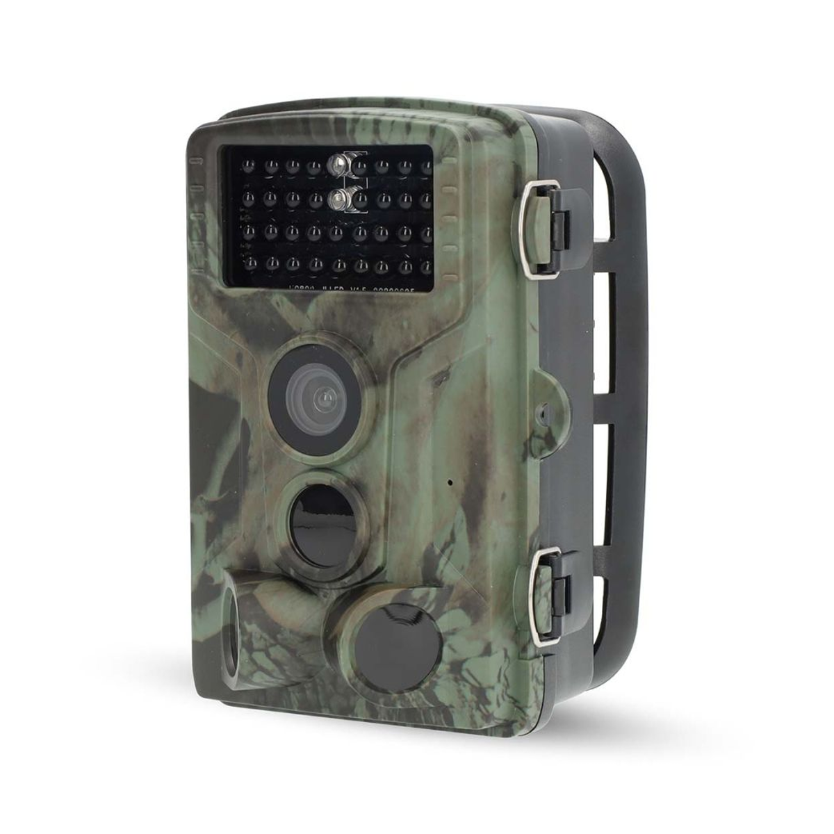 Fotocamera mimetica per fauna con LED a infrarossi su sfondo bianco.