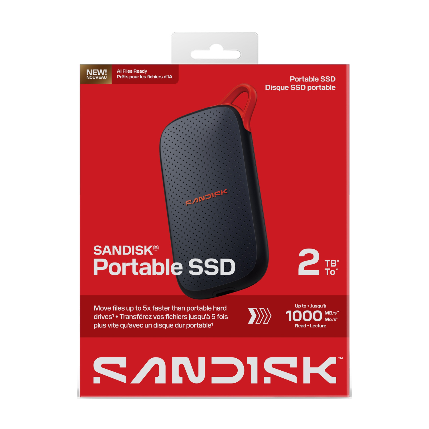 Verpackung der SanDisk Portable SSD mit 2 TB Speicherkapazität und einer roten Lasche auf rotem Hintergrund.